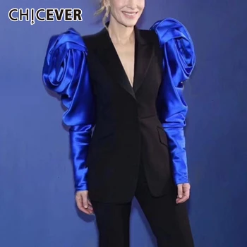 

CHICEVER Patchwork Hit Color Women's Notched Blazer Puff Long Sleeve High Waist Female For Blazers 2020 Fashion Clothing New