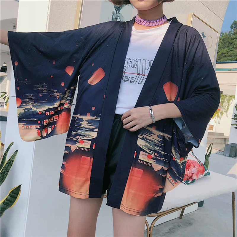 Kimonos Женский рукав семь четверти японский кимоно кардиган косплей рубашка блузка японская юката женский кимоно косплей SL1300
