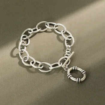 

1PC Retro Authentic 925 Sterling silver Open Oval Chain Bracelet Punk fine Jewelry TLS305