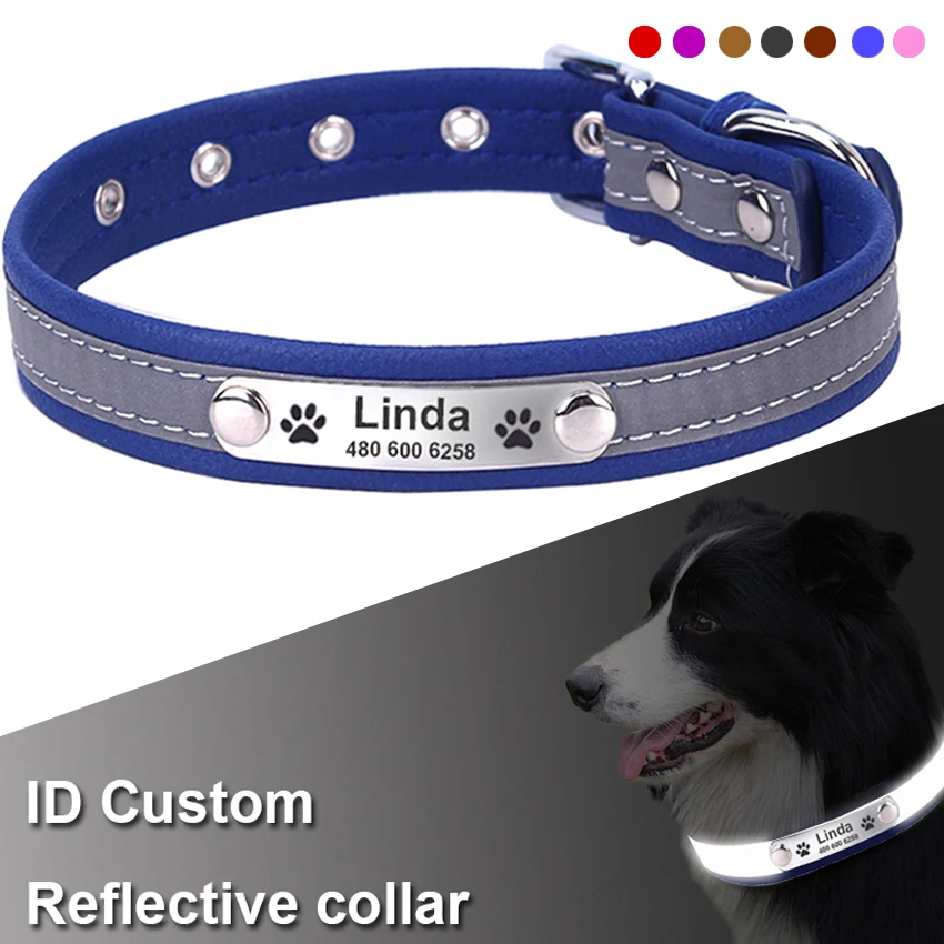 Reflective Personalized Dog Collar Leather Resistance bite Puppy Cat  Collar ID Collar Engrave Name Phone Number Puppy Nameplate