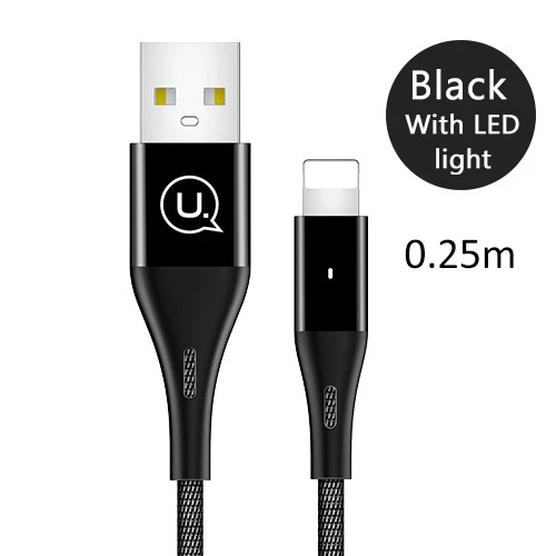 USAMS USB кабель для освещения кабель для iPhone 2 м 2.4A кабель передачи данных для быстрой зарядки для iPhone 7 8X6 6s plus 5 SE 5S зарядное устройство - Цвет: Black LED 0.25m