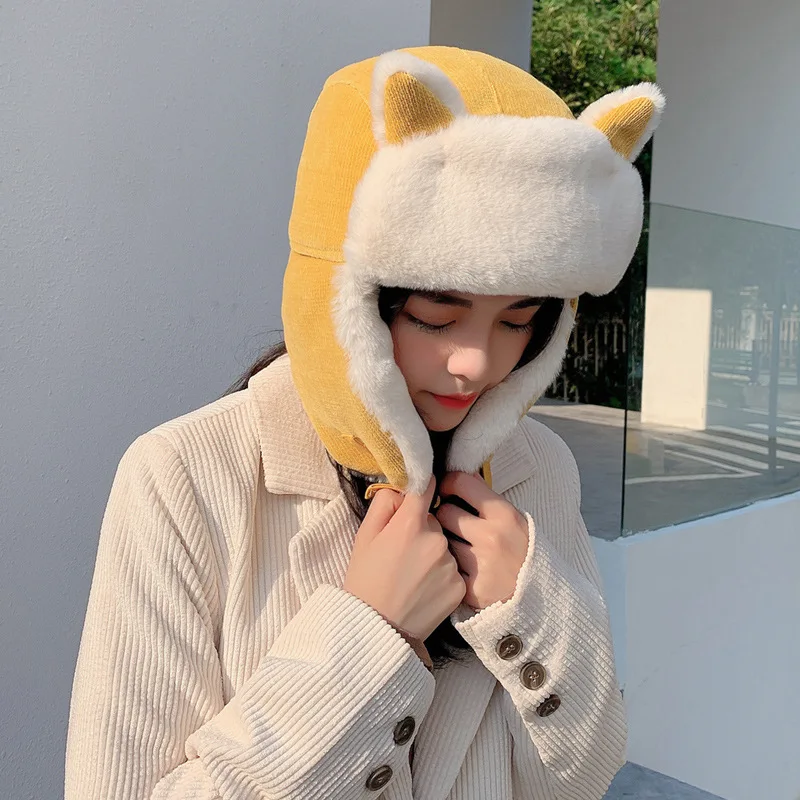 

2021Lei Feng Hat Female Cute Autumn and Winter Riding Windproof Hats Russian Cap Balaclava Cold-proof Warm Cat Ears Cotton Caps