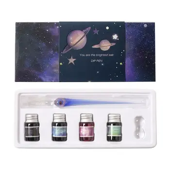 

1Set Planet Theme Dip Pen 4 Color Ink Kit Glass Painting Pen Student Stationery