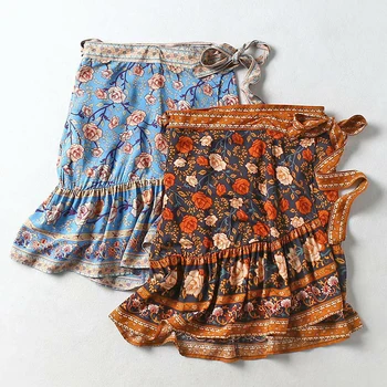 

TEELYNN wrap skirt for women brown Floral print ruffles autumn spring skirt beach gypsy Adjustable waist sexy mini skirt Falda