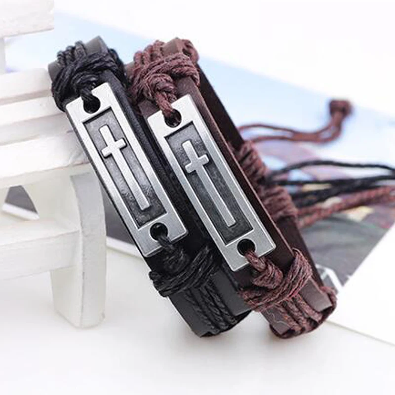 

New Hot Bracelet for Women Men Jewelry Handmade Braid Genuine Leather Bracelet Wrap Charm Cross Bracelets Fine Jewelry