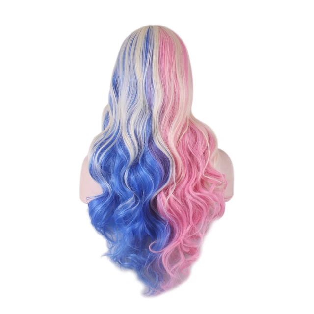 WoodFestival Wavy Synthetic Hair Wig Cosplay Ladies Colored Long Wigs For Women White Pink Red Dark Brown Green Blue Grey Ombre Muli Color