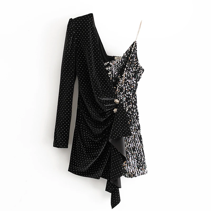 

RR Sexy Braces One Shoulder Dresses Women Fashion Ruffles Diamonds Patchwork Dress Women Elegant Mini Dresses Female Ladies LT