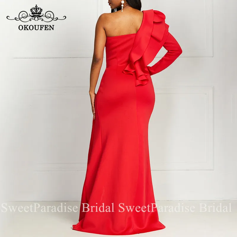Дизайнерское красное вечернее платье с оборками, с длинными рукавами, большие размеры, женское платье с разрезом для выпускного вечера, Платье De Soiree