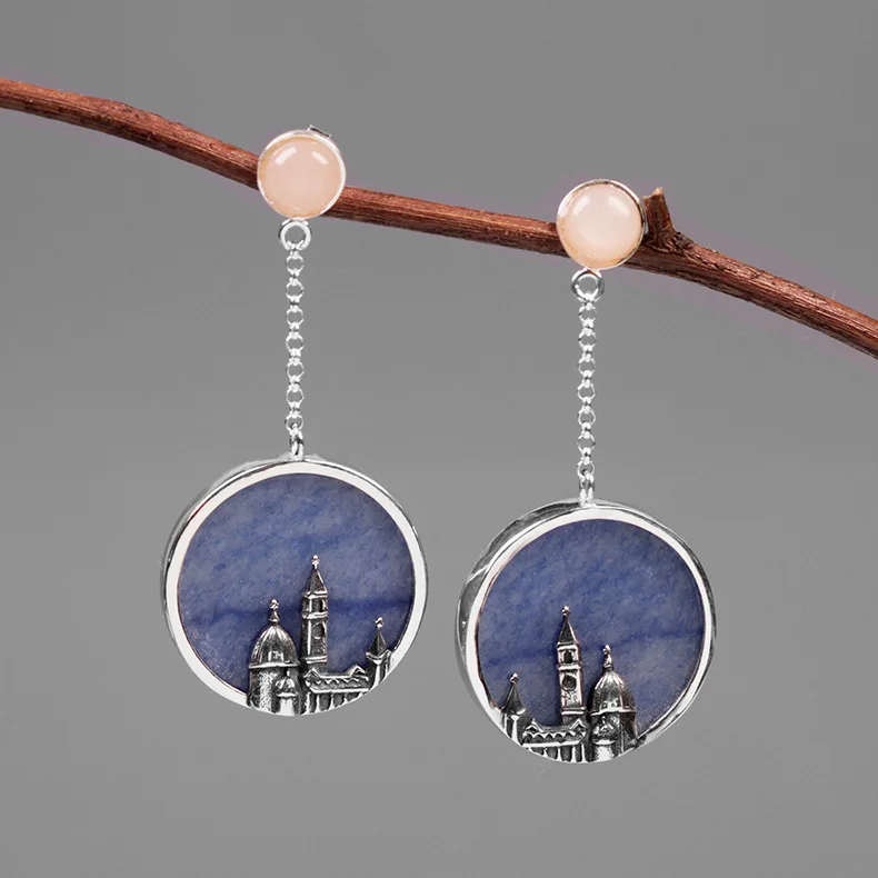 

INATURE 925 Sterling Silver Blue Aventurine Florence Cathedral Statement Drop Earrings For Women Fashion Jewelry