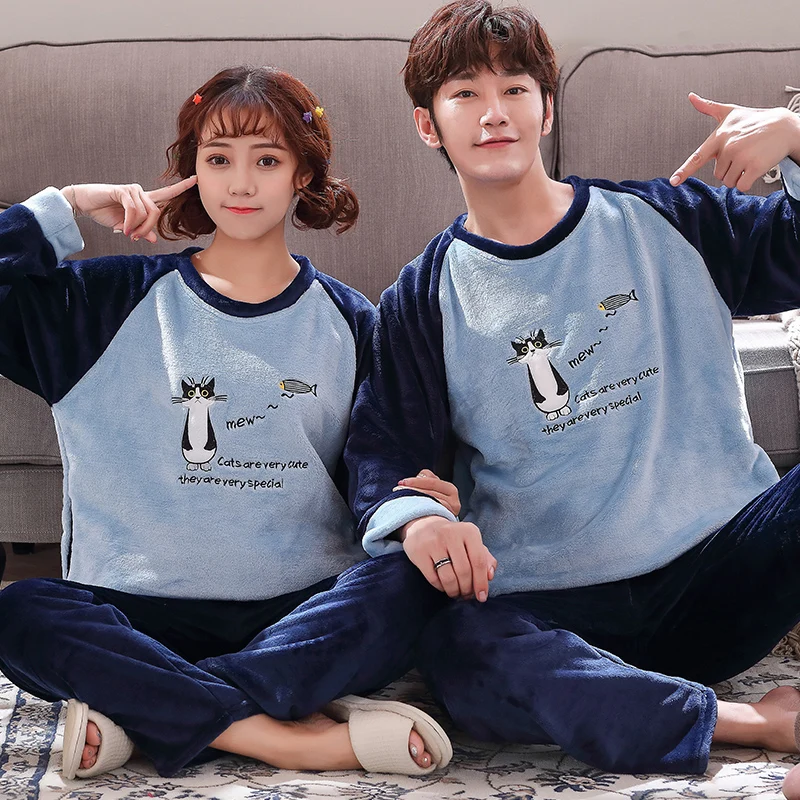 Thick Flannel Pajama Sets Couples Lovely Cat And Fish Women Sleepwear Plus Size 3XL Nightshirt Winter Warm Homewear For Male