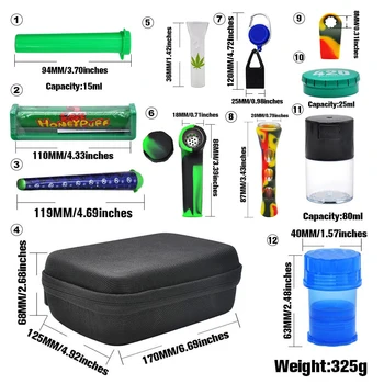 

12Pcs/Bag Tobacco Bag Set Plastic Herb Grinder Storage Jar Metal Tin Silicone Smoking Pipe One Hitter Rolling Machine Glass Tips