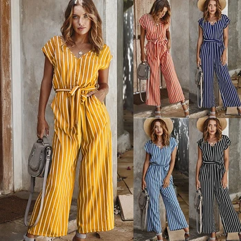 

Fashion woman V-neck striped wide-leg jumpsuit cotton casual belt temperament commuter summer thin straight trousers
