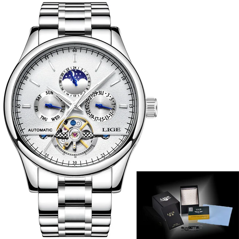 LIGE Брендовые мужские часы автоматические механические часы Tourbillon спортивные часы кожаные повседневные деловые часы в ретро-стиле Relojes Hombre - Color: steel silver white