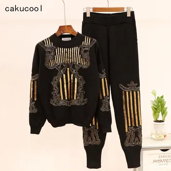 

Cakucool Gold Sequins Knit Set Women Autumn Beading Embroid Two Pieces Pantalon Set Casual Sweater and Capris Conjunto Feminino