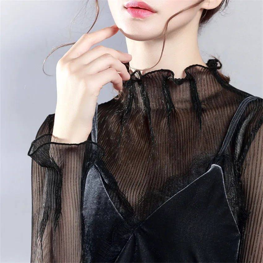 2019 New Fashion Spring Women Lace Blouses Turtleneck Mesh Shirts All-match Ladies Tops Pullovers Brief Autumn Bottomings WZ898 3