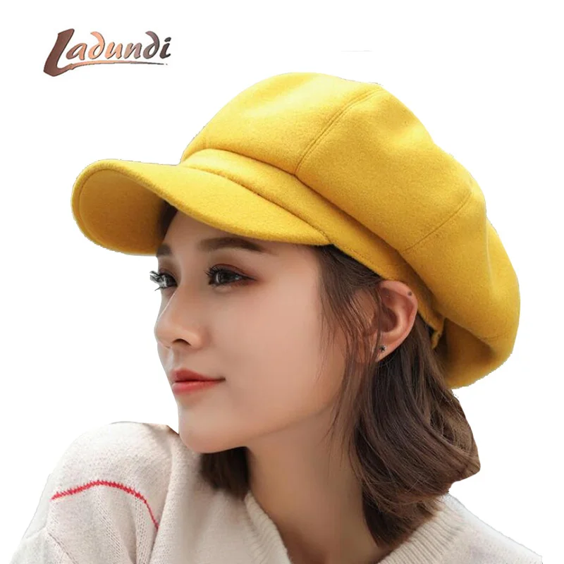 

LADUNDI wool Women Beret Autumn Winter Octagonal Cap Hats Stylish Artist Painter Newsboy Caps Black Grey Beret Hats