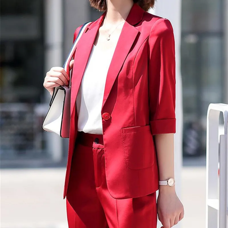 

4 Colors New Summer Women blazer 2 Piece Sets Matching Pants Casual High Waist Office Lady Half Sleeve Suit CF080
