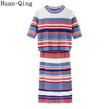 

New Summer Women Hit Color Striped Knitted 2 Piece Set Short Sleeve Pullover Tops + Elastic Waist Skirt Two Piece Set Knit Suit