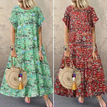 

ZANZEA 2020 Women's Maxi Sundress Vintage Summer Printed Dress Casual Short Sleeve Tunic Vestidos Female O Neck Robe Oversized