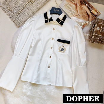 

2020 New Spring Simple Color Matching Embroidered Copper Button Long Sleeve Shirt White Top Female Slim Blouses