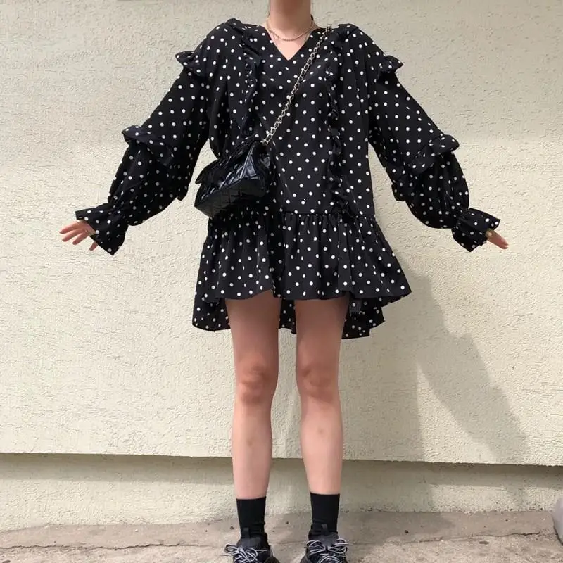 

Fashion Nice Spring Fall Korean Women Long Sleeve Vintage Polka Dot Dress V Neck Ruffles Short Dress Flare Sleeve Loose Dress