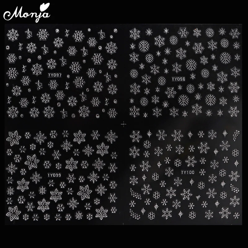 Monja 12 стилей/лист серебро снежинка для ногтей стикер Рождество Зима Рождество шаблон самоклеющиеся Наклейки Маникюр наклейки декор