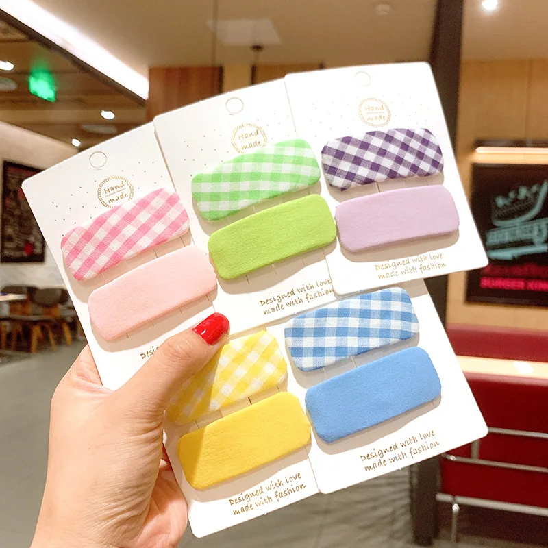 

Children's Candy Color Fabric Plaid Color Matching Hairpin Little Girl Sweet Solid Color Square BB Clip Hairpin Hair Trim Clip