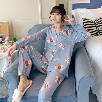 

Women's Cotton Cardigan Ladies Home Clothes Half Sleeve Tops with Long Pants Pajamas Suit Printing Woman Clothes Pajama Set