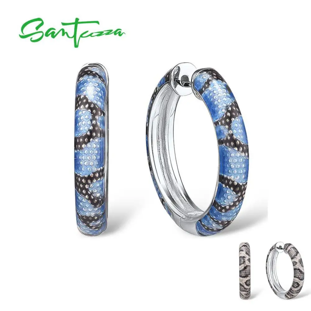 

SANTUZZA 925 Sterling Silver Earrings For Women Delicate Blue Grey Enamel Snake Veins Hoop Earrings Chic Fine Jewelry Handamde
