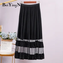 Beiyingni модная плиссированная юбка миди бархатная сетчатая Лоскутная Корейская Высокая талия Женская юбка шикарная сексуальная теплая Повседневная элегантная юбка