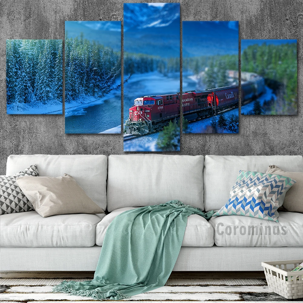 Poster Su Tela Stampe Hd Immagini Senza Cornice 5 Pezzi Treno Nella Neve Montagna Paesaggi Dipinti Wall Art Home Cuadros Decorazione