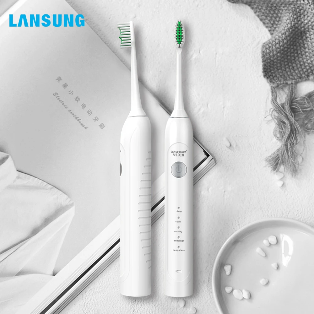 Lansung, электрическая зубная щетка, перезаряжаемая через USB, для взрослых, ультра звуковая зубная щетка, сменные головки, отбеливающий, умный чехол для путешествий