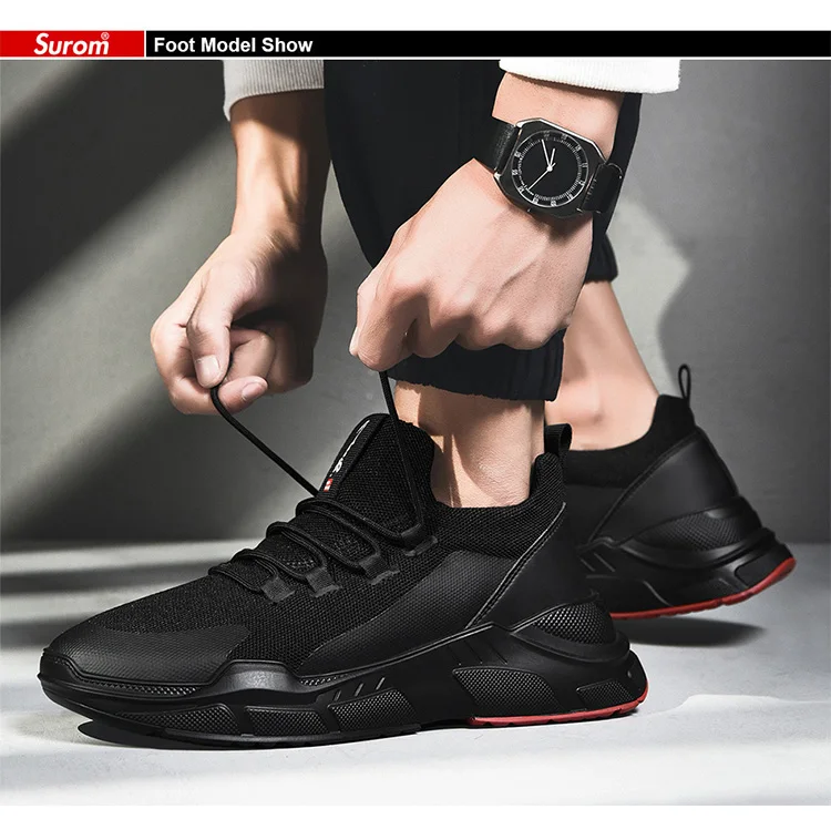 SUROM/Брендовые мужские кроссовки черного цвета на шнуровке; Мужская обувь; Повседневная дышащая Легкая сетчатая модная обувь на плоской подошве; уличные Нескользящие кроссовки
