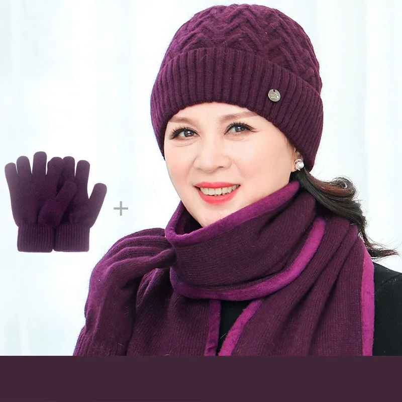 dark purple Новинка, зимняя женская шапка из кроличьего меха, шарф, перчатки, набор, теплый шерстяной вязаный плюшевый шарф, комплект из 3 предметов, вязаная шапка, шапка для мамы, толстая флисовая шаль - Цвет: dark purple
