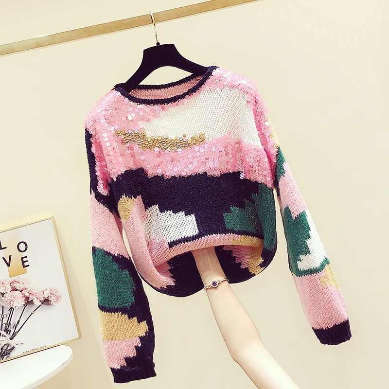 Sequin Knit Sweater Women O-neck Pullover Autumn Winter New Contrast Color Hand Sequin Knitted Sweaters Pink Pull Femme Sequin Knit Sweater Women O-neck Pullover Autumn Winter New Contrast Color Hand Sequin Knitted Sweaters Pink Pull Femme