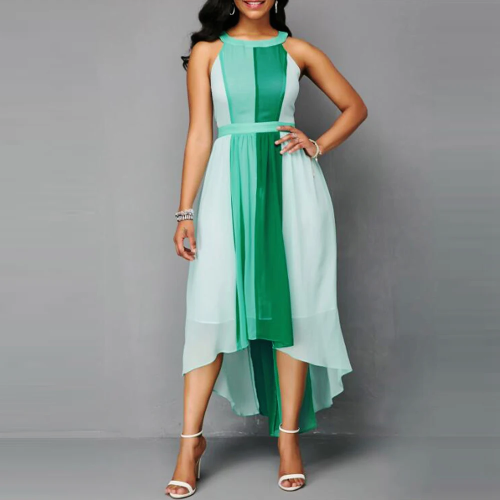 Chiffon Off Shoulder Contrast Color Patchwork Asymmetrical Maxi Dresses 3