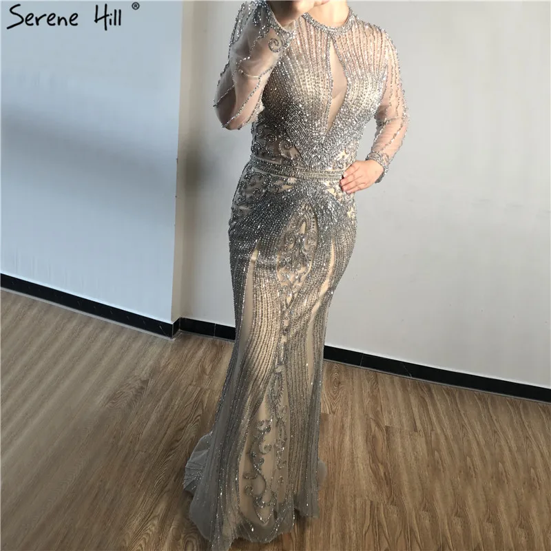 Сереное роскошное серое вечернее платье с длинными рукавами и круглым вырезом, украшенное бриллиантами, темно-синее вечернее платье в стиле русалки, CLA70116