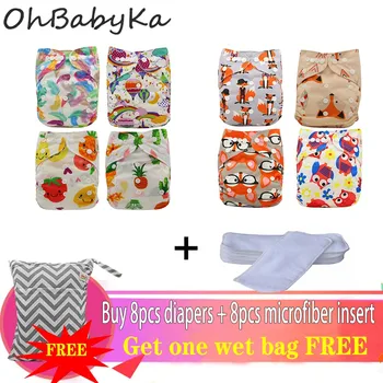 

Ohbabyka 8 diapers+8 Inserts Baby Cloth Diapers One Size Adjustable Washable Diaper Reusable Cloth Nappy For Baby Girls and Boys