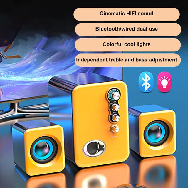 Computer Audio USB 2.1 Multimedia Bluetooth Overweight Subwoofer Desktop Home Speaker Wired Universal Audio King Yellow