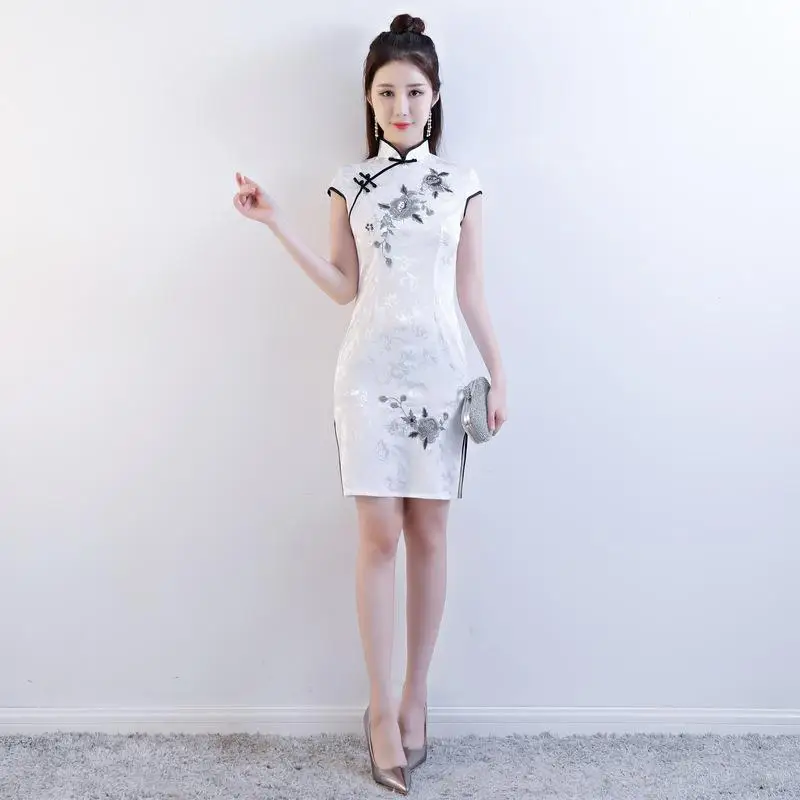 Кружевное цветочное мини сексуальное женское платье Cheongsam в китайском стиле, винтажное вечернее платье с коротким рукавом и пуговицами, классическое платье Qipao Vestidos - Цвет: Black
