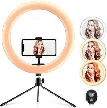

10" Ring Light with Tripod & Phone Holder Desktop Ringlight 3 Light Modes 10 Brightness Level for Live Streaming YouTube Video