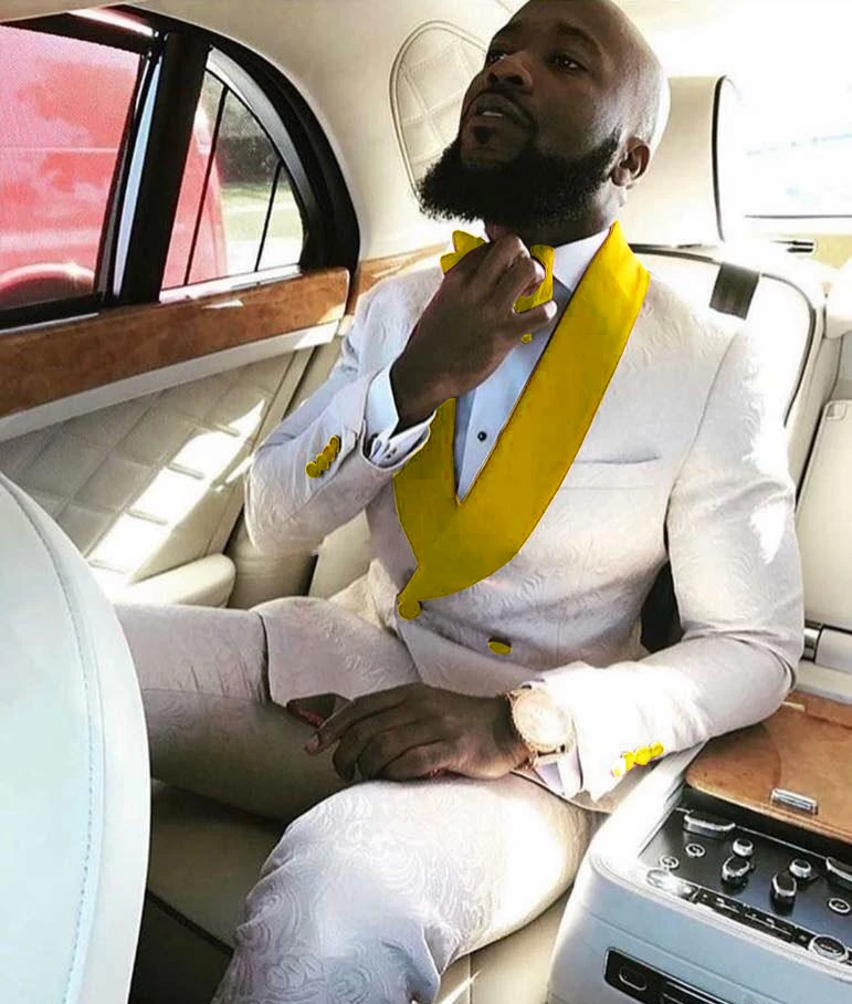 ANNIEBRITNEY белые жаккардовые костюмы на выпускной, свадьбу для мужчин мужские костюмы на заказ смокинги с золотым отворотом Slim Fit Жених Блейзер брюки комплект - Цвет: Цвет: желтый