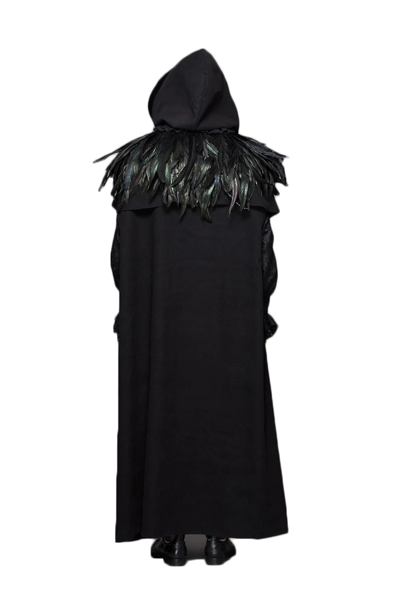 Devil Fashion Gothic Unisex Winter Black Trench Coat Sleeve Detachable Hooded Thicken Feather Long Cloak