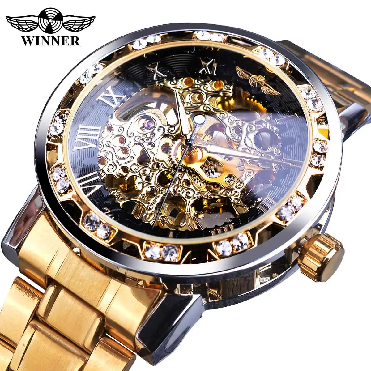 Winner Golden Diamond Mechanical Watches Roman Analog Wristwatch Luxury Male Skeleton Watch Luminous Clock Relogio Masculino integrated motor pump 3 2 wire mechanical analog 4 20ma rs485 piezoelectric vibration sensor acceleration