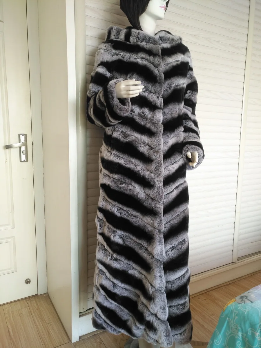 Free Shipping New Genuine Rex Rabbit Fur Coat in Chinchilla Color X-long Real Garment with Hood Plus Size Winter Warm | Женская одежда