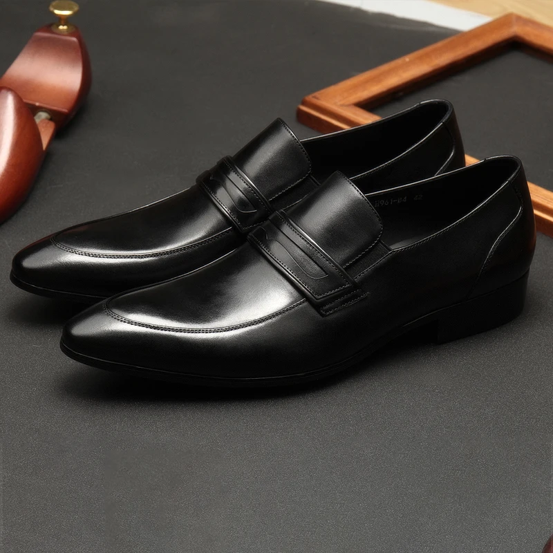 PJCMG Spring/Autumn Ostrich Style Black Loafers Pointed Toe Slip-On Genuine Leather Wedding Oxford Dress Office Mens Shoes