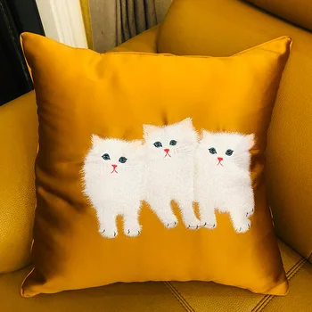 

Embroidered Lovely Persian Cat Cushion Covers High-grade Luxury Solid Blue Yellow Waist Pillowcases Home Sofa Decoration