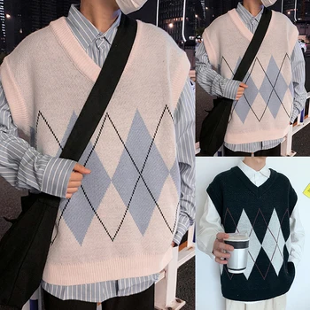 

Sweater Vest Men Patchwork V-neck Sleeveless Sweaters Chic Preppy Style Side-Slit Couples Teens Waistcoat Retro High Quality New