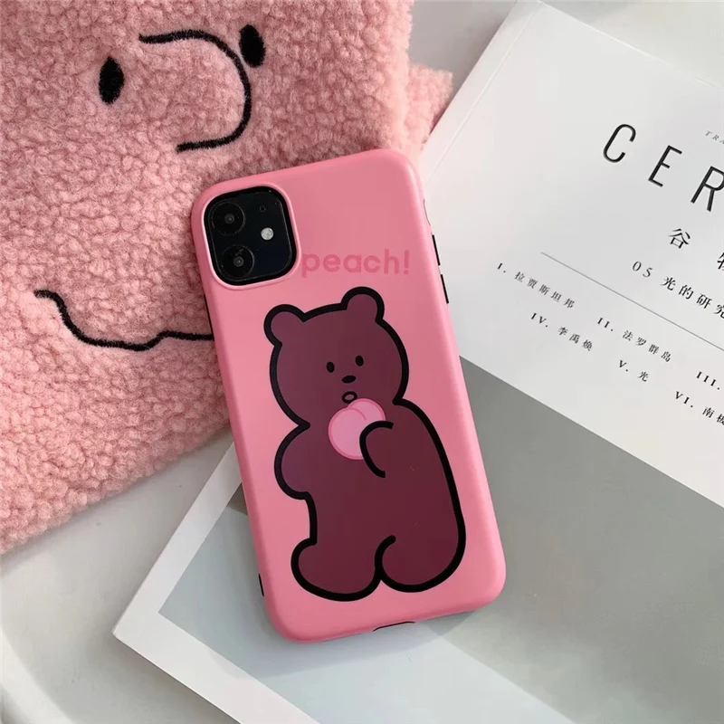 

Pink peach bear case for iphone 11 funda iphone 11 Pro Max xr x xs max cookie bear matte silicone soft for iphone 8 7 plus cover
