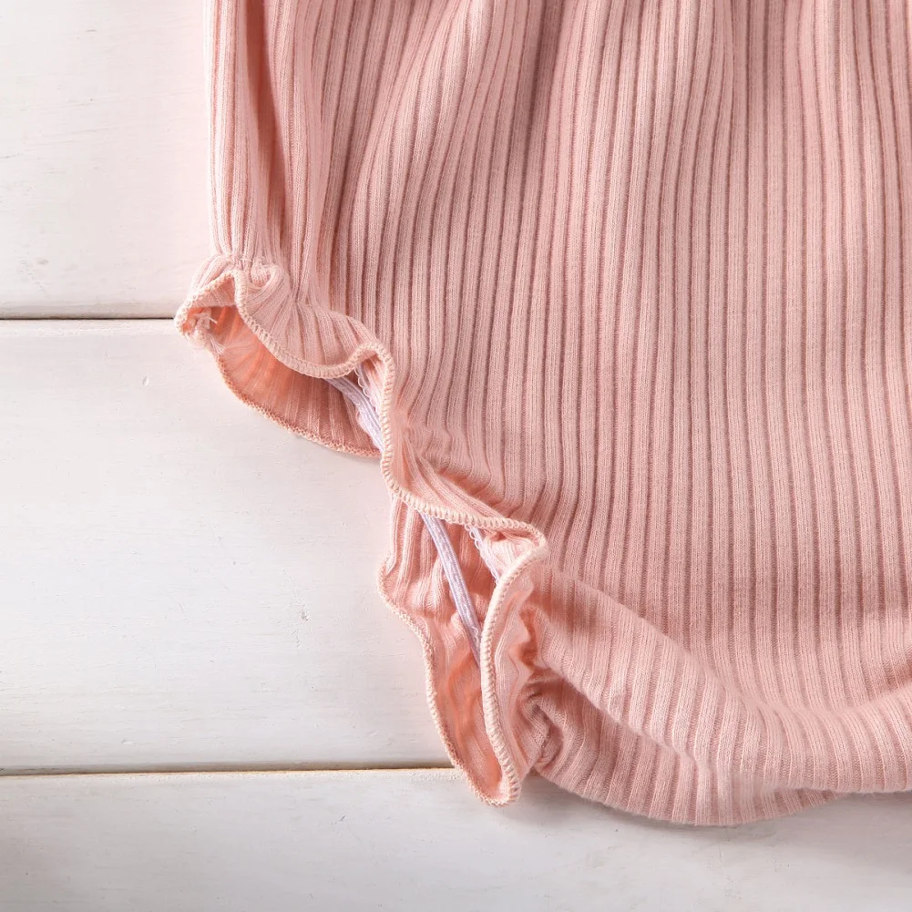 Infant Baby Girl Summer Knit Outfit Button Halter Ruffle Top+Drawstring Shorts+Headband 3Pcs Ribbed Clothes Set